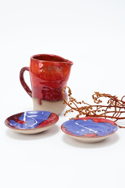 Conjunto Jarrinha e 2 Pratinhos - Vermelho e Azul